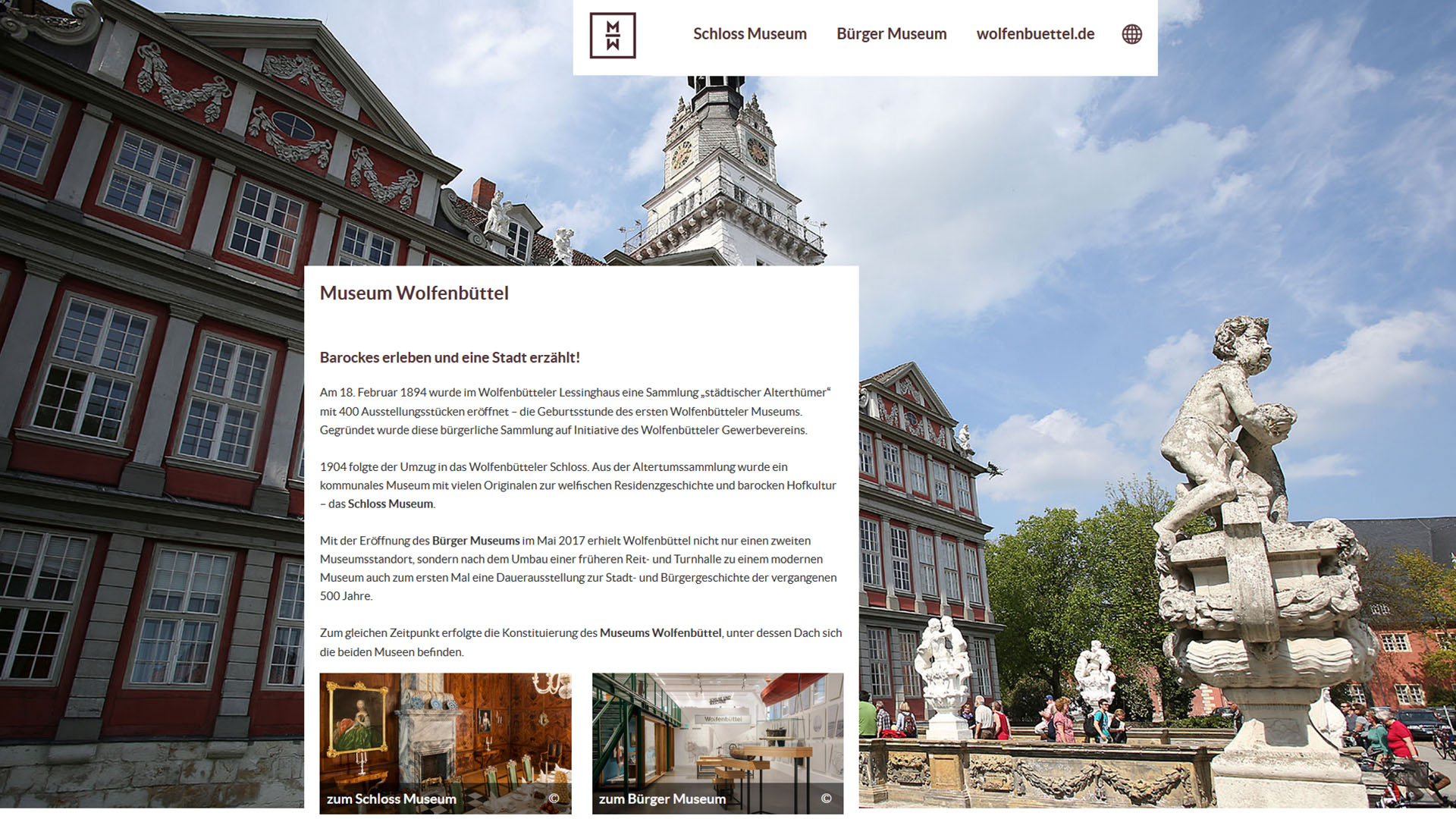 Startseite der museumseigenen Internetseite. Vor einem Bild des Wolfenbütteler Schlosses befindet sich ein Informationstext zum Museum. Zwei kleinere Bilder leiten weiter zum Schloss Museum oder Bürger Museum.