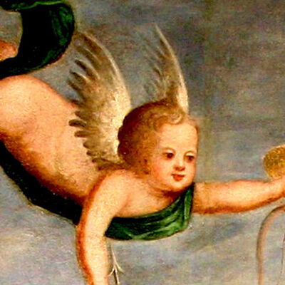 Ausschnitt aus einem Deckengemälde. Er zeigt den fliegenden Engel Amor mit Pfeil und Bogen in den Händen.