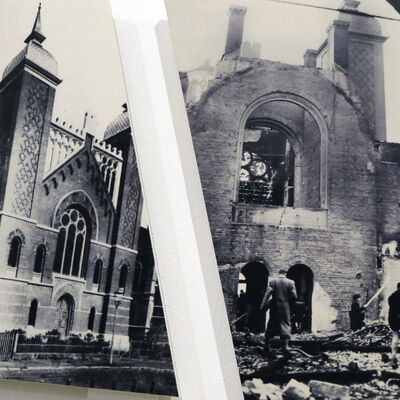 Auf dem Foto zu sehen sind zwei große Wandbilder auf verschieden großen Wandplatten. Zu sehen sind zwei Fotomotive der Wolfenbütteler Synagoge vor und nach der Zerstörung im November 1938 durch Nationalsozialisten.