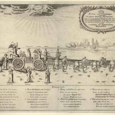 Herzog August und seine Familie auf einem Pferdewagen begleitet von den Tugenden in Gestalt von Engeln. Im Hintergrund ist Wolfenbüttel zu erkennen. Unter dem Bild steht der Text eines Triumph-Liedes.