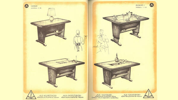 Schaubild, in dem vier Zeichnungen die verschiedenen Nutzungsmöglichkeiten des Verwandlungstisches darstellen.