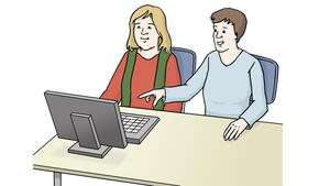 Zeichnung: An einem Schreibtisch sitzen zwei Personen vor einem Computer.