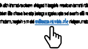 Zeichnung: Die Hand einer Computermouse zeigt auf blaue Schriftzeichen, einem Link, in einem schwarzen Text.