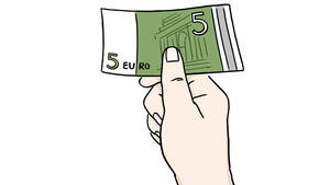 Zeichnung einer Hand, die einen 5-Euro-Schein hält